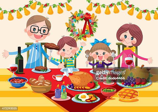 ilustraciones, imágenes clip art, dibujos animados e iconos de stock de happy family cena del día de acción de gracias - thanksgiving cartoon