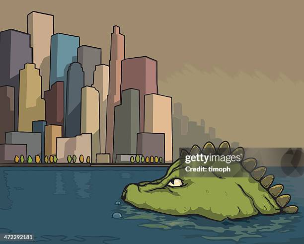 stockillustraties, clipart, cartoons en iconen met lizard city - sea monster