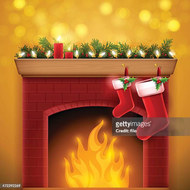 stockillustraties, clipart, cartoons en iconen met christmas fireplace - open haard