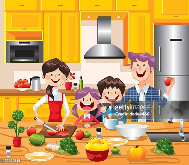 stockillustraties, clipart, cartoons en iconen met happy family cooking together - boy kitchen