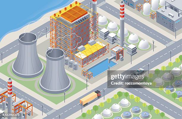 stockillustraties, clipart, cartoons en iconen met isometric, nuclear plant - nuclear power station