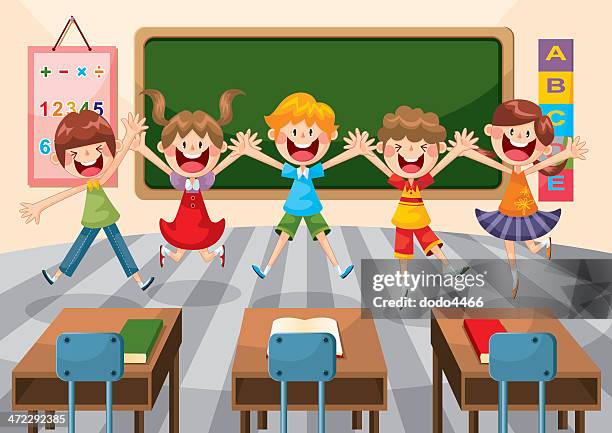 ilustraciones, imágenes clip art, dibujos animados e iconos de stock de estudiante feliz en el aula - salón de clase