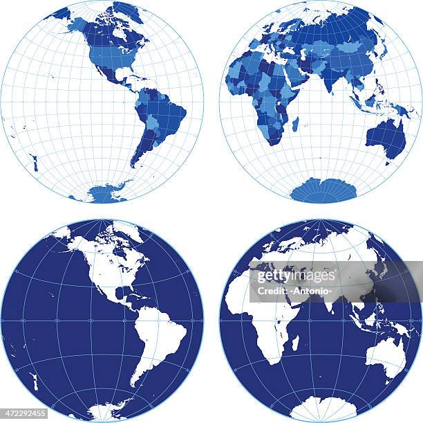 world map with graticules (western/eastern hemispheres) - western hemisphere map stock illustrations
