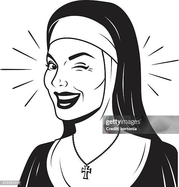 winking retro nun - nun vector stock illustrations