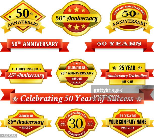 anniversary badges red and gold set - 25 29 years stock illustrations