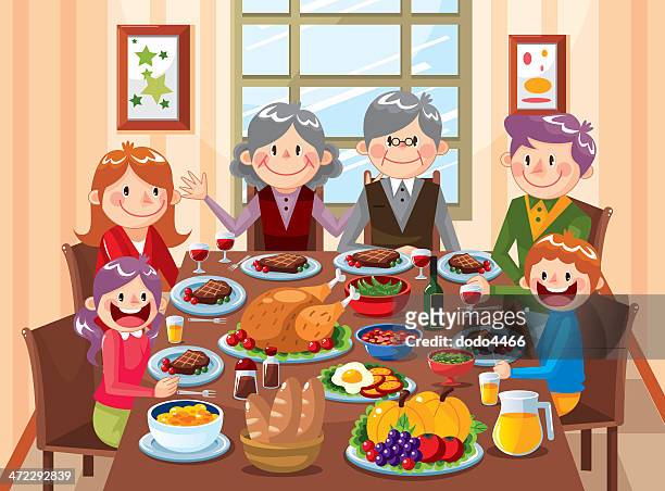 ilustraciones, imágenes clip art, dibujos animados e iconos de stock de una cena familiar tiempo - abuelos y nietos