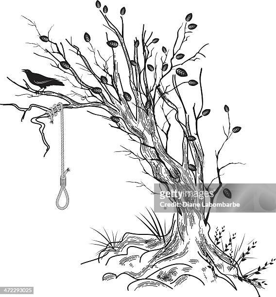 sketchy doodled hanging tree with noose and raven - noose stock illustrations