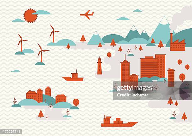 conceptual illustration of urban cityscapes and landscapes - wind power illustration stock illustrations