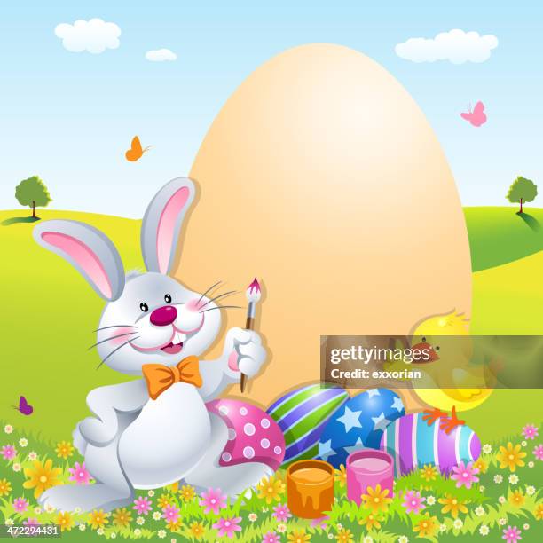 easter bunny and chick painting egg - baby chicken stock illustrations