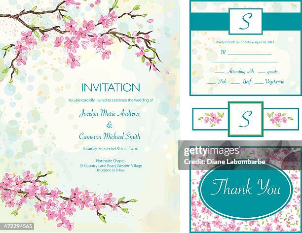 cherry blossom wedding invitation set - floral pattern water colour stock illustrations