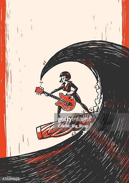 illustrazioni stock, clip art, cartoni animati e icone di tendenza di surf ragazza rock n roll poster - surfing stock illustrations