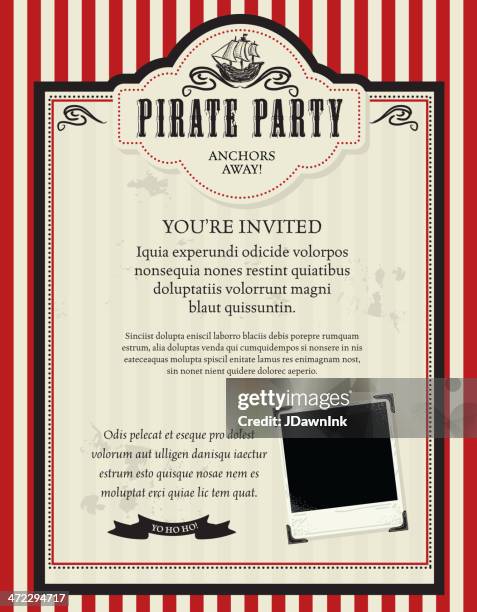 pirate party invitation design template with pirate ship - brigantine 幅插畫檔、美工圖案、卡通及圖標