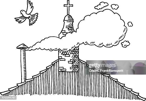 stockillustraties, clipart, cartoons en iconen met white smoke pope election drawing - schoorsteen