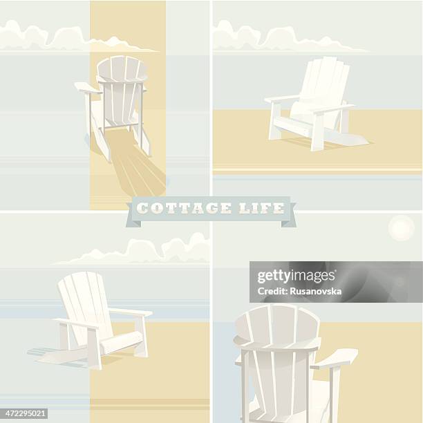 a poster for cottage life with beach chairs  - adirondack chair stock illustrations