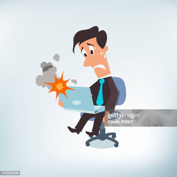 distraught man holding a computer on fire - man sweating stock illustrations