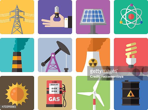 illustrazioni stock, clip art, cartoni animati e icone di tendenza di set di icone di energia e industria - nuclear energy