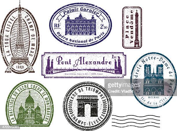 stockillustraties, clipart, cartoons en iconen met paris travel rubber stamps - arc de triomphe parijs