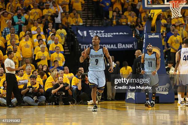 Tony Allen of the Memphis Grizzlies reacts to a play in Game Two of the Western Conference Semifinals against the Golden State Warriors during the...