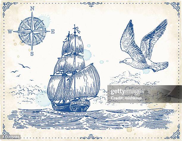 stockillustraties, clipart, cartoons en iconen met vintage sailing ship drawing - meeuw