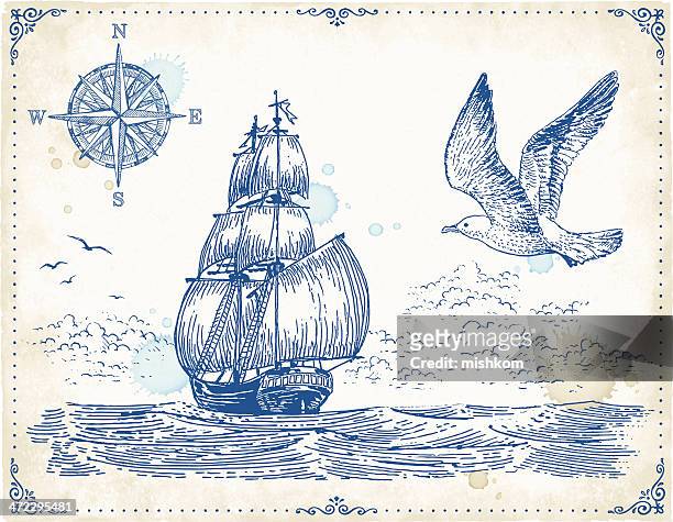 bildbanksillustrationer, clip art samt tecknat material och ikoner med vintage sailing ship drawing - båtar och fartyg