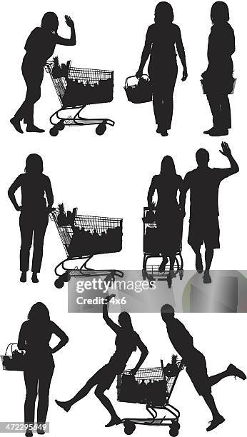 stockillustraties, clipart, cartoons en iconen met multiple images of people at supermarket - spending money