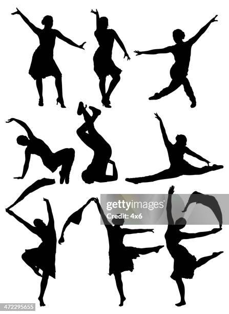 multiple silhouettes of women dancing - standing on one leg stock illustrations