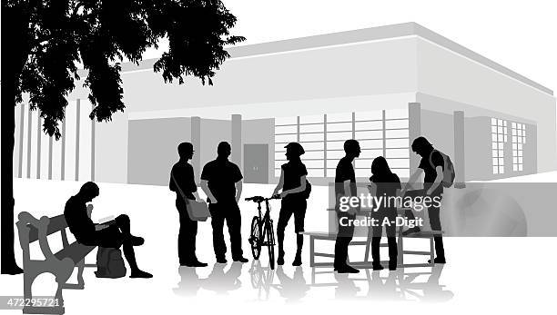student outside vector silhouette - university building exterior stock illustrations