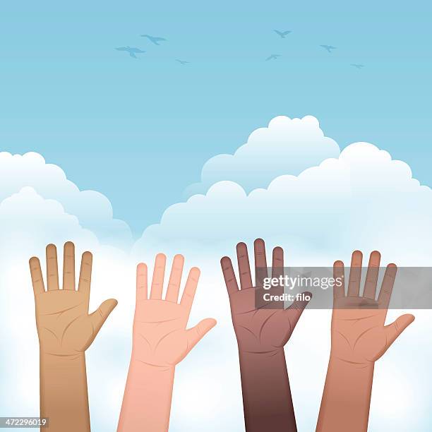 hands raised people - southern european descent stock illustrations