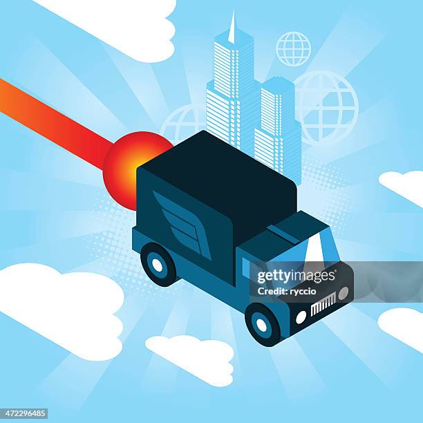 flying truck - building above clouds stock illustrations