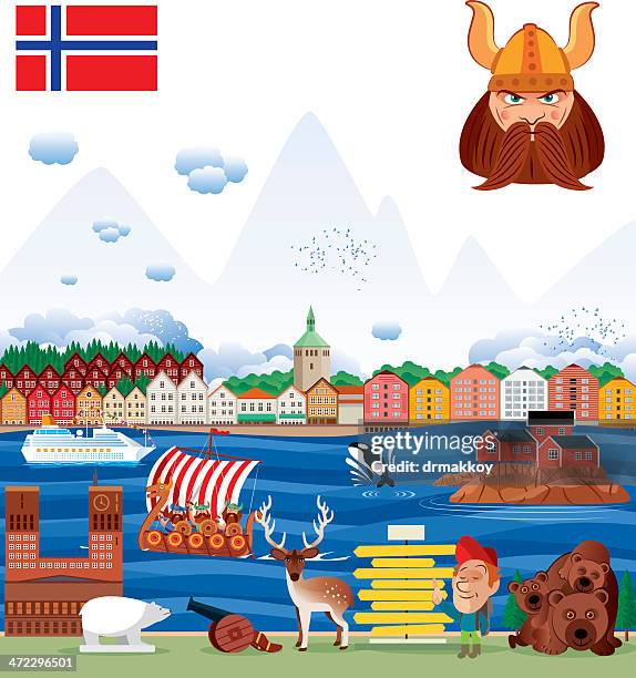 ilustraciones, imágenes clip art, dibujos animados e iconos de stock de panorama de noruega - mar noruego