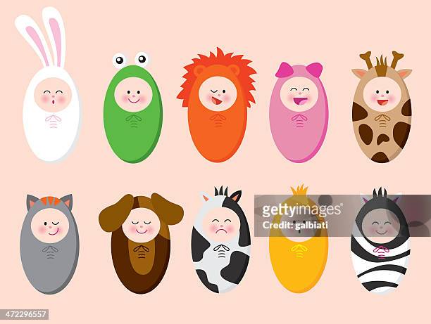 stockillustraties, clipart, cartoons en iconen met babies with animal suits - baby bunny