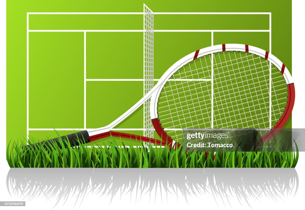 Tennis Racket Front Tennis Racket In Front Of Tenniscourt Grass Clay High-Res Vector ...