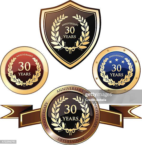 stockillustraties, clipart, cartoons en iconen met thirty years anniversary badges - 30 34 jaar