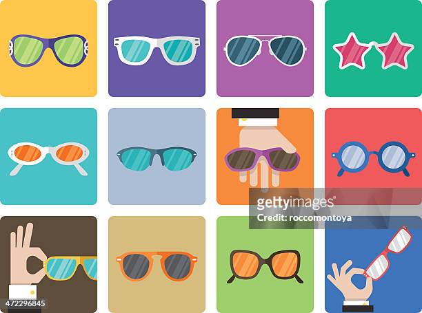 illustrazioni stock, clip art, cartoni animati e icone di tendenza di icona impostato, occhiali da sole - vestito a stelle