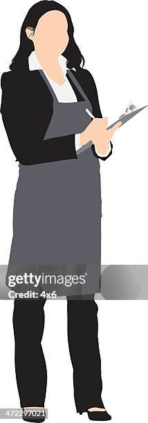 woman in apron with writing pad - restaurant-waiter-uniform stock illustrations