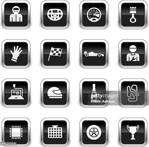 supergloss black icons - open-wheel single-seater racing car - engine control unit stock illustrations