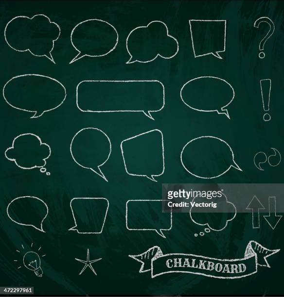 different kinds of speech bubbled drawn on a blackboard - chalk art equipment stock illustrations