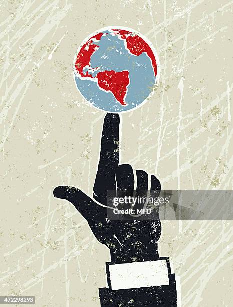 businessman's hand with the world spinning on his finger - finger spinning globe stock illustrations