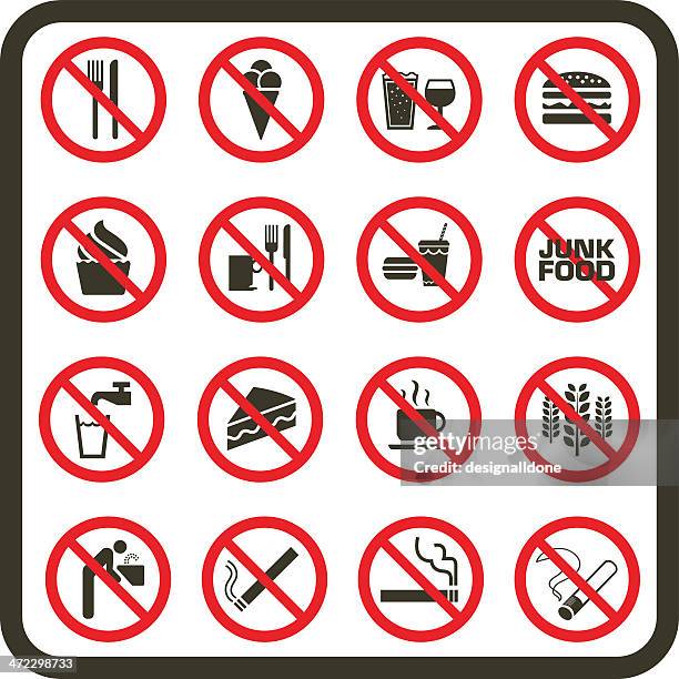 einfach untersagt essen, trinken und rauchen beschilderung - no smoking sign stock-grafiken, -clipart, -cartoons und -symbole