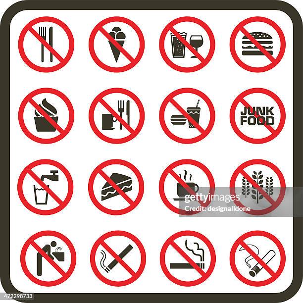 ilustraciones, imágenes clip art, dibujos animados e iconos de stock de simple prohibidos alimentos, bebidas y señales para fumadores - unhealthy eating