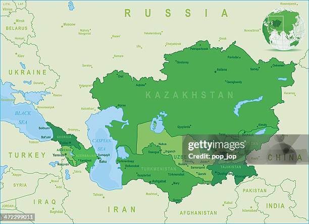 stockillustraties, clipart, cartoons en iconen met green map of caucasus and central asia - states, cities - astana