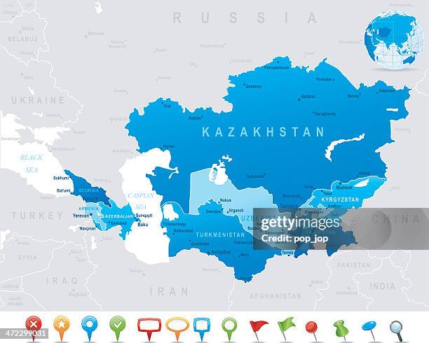 karte der kaukasus und zentralasien-staaten, städte, symbole - usbekistan stock-grafiken, -clipart, -cartoons und -symbole