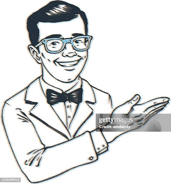 pointing man with glasses, right this way... - hipster bowtie stock illustrations