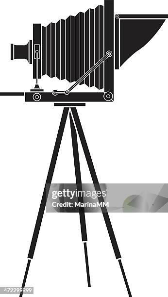 vector graphic of an old photo camera on a tripod - camera stand stock illustrations