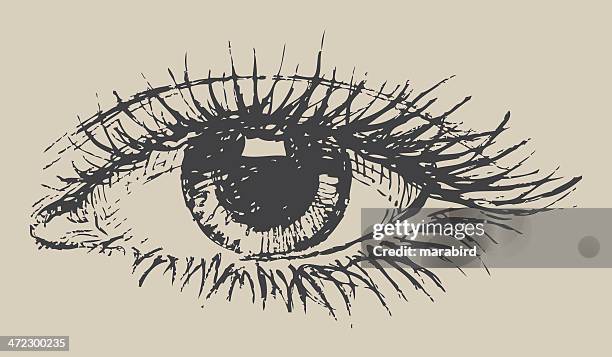 black and white eye drawing on paper - iris eye stock illustrations