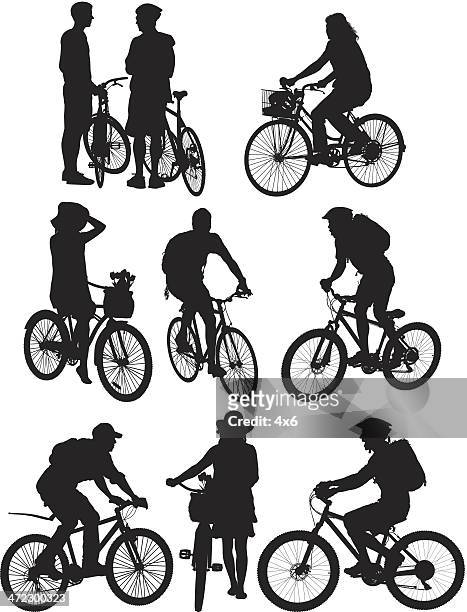 stockillustraties, clipart, cartoons en iconen met multiple silhouettes of people on bicycle - schoudertas tas