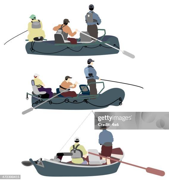 menschen auf dem fischerboot - floßfahrt stock-grafiken, -clipart, -cartoons und -symbole