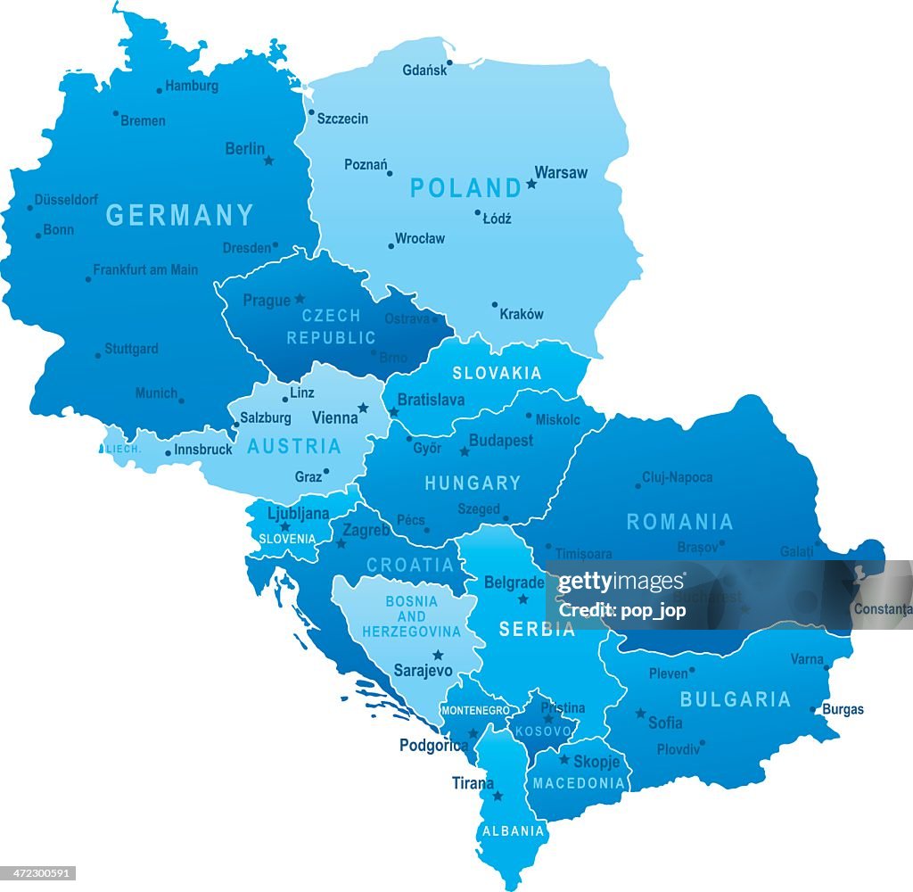 Map of Central Europe - states and cities