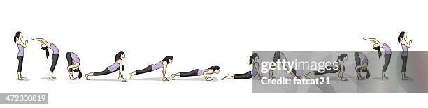 stockillustraties, clipart, cartoons en iconen met how-to illustration of yoga sun salutations - zonnegroet