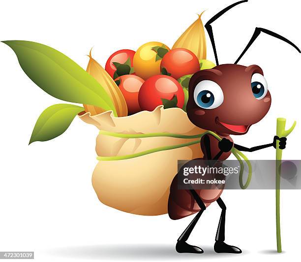 ilustraciones, imágenes clip art, dibujos animados e iconos de stock de dibujos animados de una hormiga gráficos con un saco de cerezas - ant